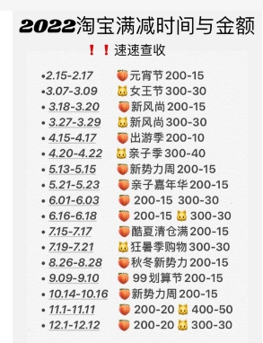 2022淘宝活动时间表,满减活动减多少?